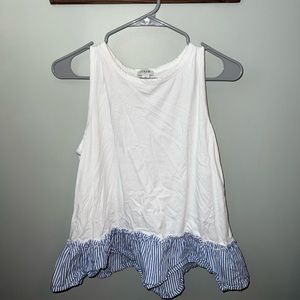 White tank top with Blue and white striped ruffle at the hem
